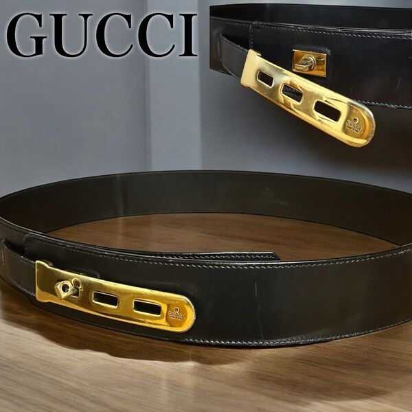 激レア グッチ GUCCI ベルト レザー コレクションライン ターンロック ロゴプレート ブラック 黒 ゴールド メンズ