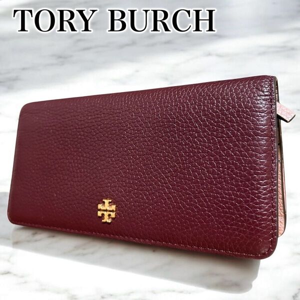 未使用級 トリーバーチ TORY BURCH 長財布 ロングウォレット バイカラー 二つ折り財布 レザー レディース 赤 ピンク