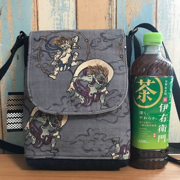 678 風神雷神 和柄 中性帆布 前掛け 昭和レトロ ハンドメイド スマホポーチ