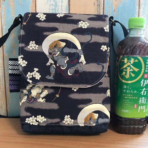 731 風神雷神 和柄 中性帆布 前掛け 昭和レトロ ハンドメイド スマホポーチ