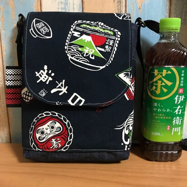 746 廃盤生地 墨緑 濃緑 帆布 酒屋 昭和 和柄 ハンドメイド スマホポーチ