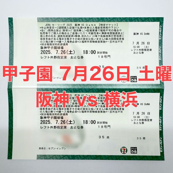 甲子園 阪神vs横浜戦 7月26日 土曜日 レフト外野席 2枚 連番