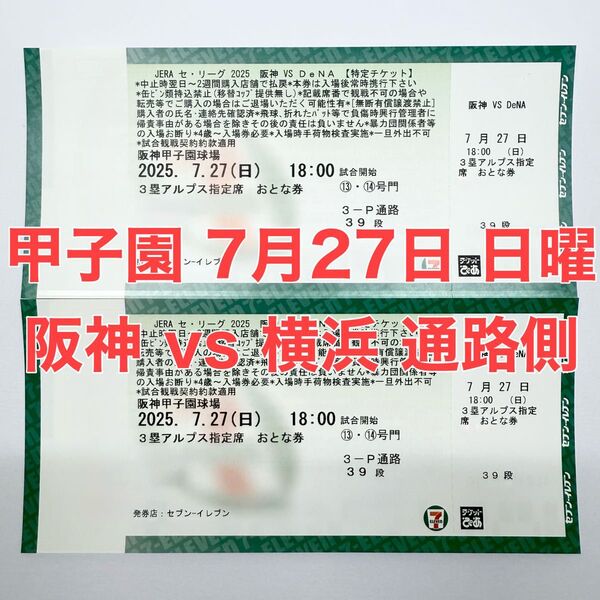 甲子園 阪神vs横浜戦 7月27日 日曜日 3塁アルプス指定席 2枚 連番 通路側