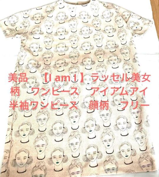 美品 I am I ラッセル美女柄 ワンピース 半袖ワンピース顔柄フリー