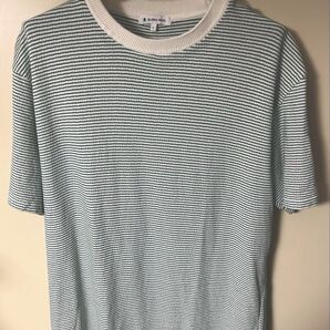 GLOBAL WORK 大人も着れる細いボーダーTシャツ ダークグリーン×オフ白 Lサイズ パイル地的感触で吸水・肌触りも滑らか