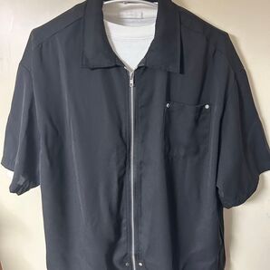 【美品】U:UME ユーム シャツ ブルゾン 半袖 黒L さりげないスタッズ ドメブラ 光沢感抑えめ 程良くゆったりショート丈