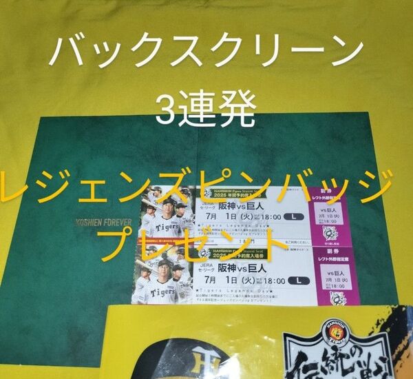 【7月1日(火曜)】18時-☆阪神vs巨人/レフト外野*下段指定席(2枚)レジェンズピンバッジ配布☆阪神タイガース甲子園チケット