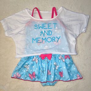 新品110cm ワンピース水着 Tシャツ付 リボン柄 キッズ デザイン水着 水色