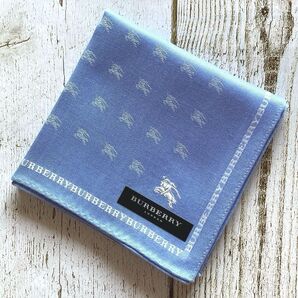 ■未使用■バーバリー ハンカチ ホースマーク 刺繍 ロゴ 総柄 透かし ライトブルー BURBERRY