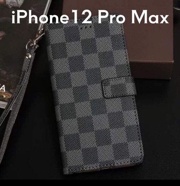【iPhone12ProMax】手帳型 iPhoneケース チェック柄 黒