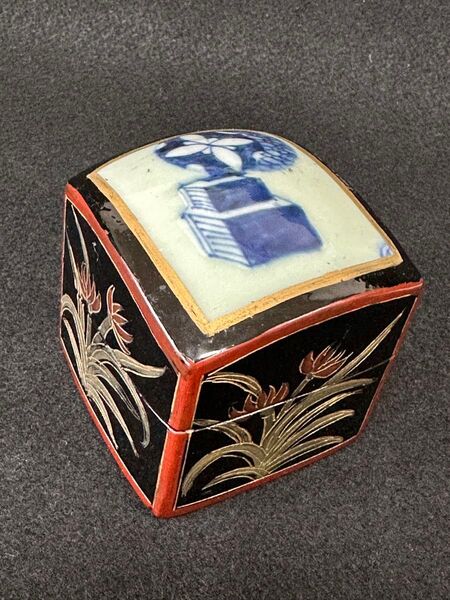 中国美術 清 染付磁器嵌入 漆絵 小物入 古美術 アンティーク B 漆芸 小物入 時代物
