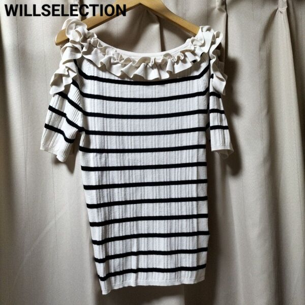 WILLSELECTION フリル付きハーフスリーブボーダートップス半袖ニット size M オフホワイト、ブラック