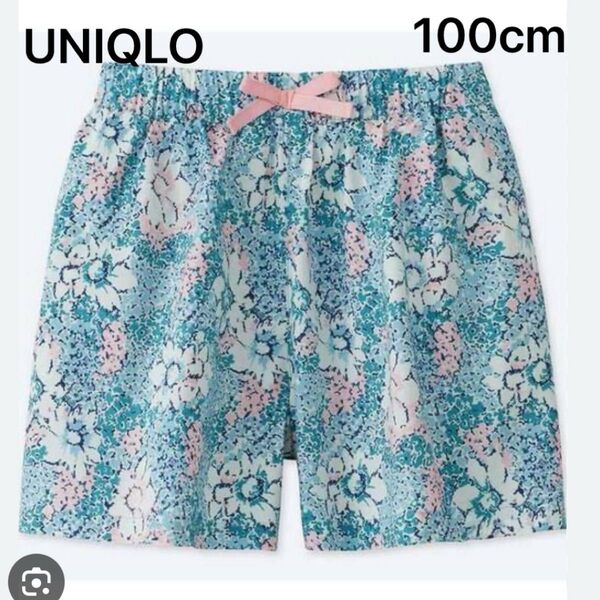 UNIQLO GIRLS イージーフレアショートパンツ 花柄 100cm ショートパンツ キュロット ハーフパンツ ブルー 綿