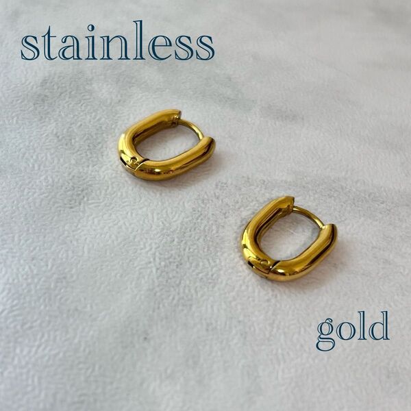ステンレス フープ ピアス オーバル gold ゴールド シンプル ワンタッチ サージカルステンレス 金属アレルギー