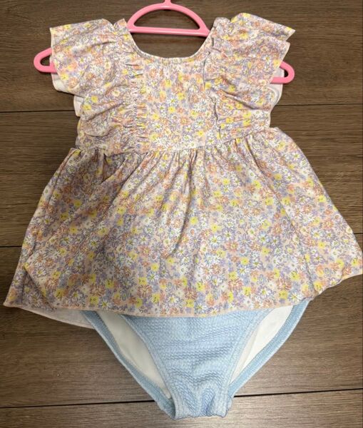 【新品未使用】プティマイン 花柄フリル袖セパレート水着 100cm