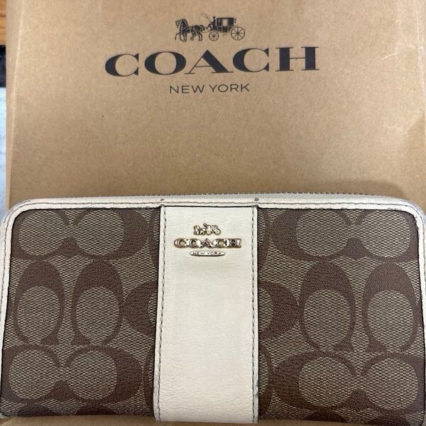 COACH コーチ 長財布 シグネチャー ブラウン ホワイト(汚れ角スレ使用感あり)