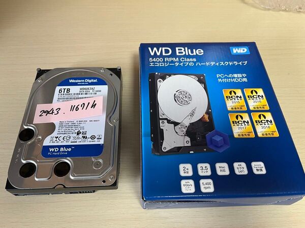 HDD 6TB 内蔵3.5インチ SATA Western Digital WD60EZAZ 起動2943回 使用11671時間