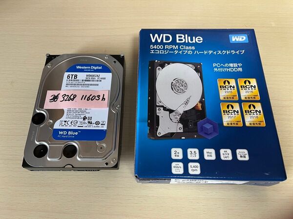 HDD 6TB 内蔵3.5インチ SATA Western Digital WD60EZAZ 起動3268回 使用11603時間