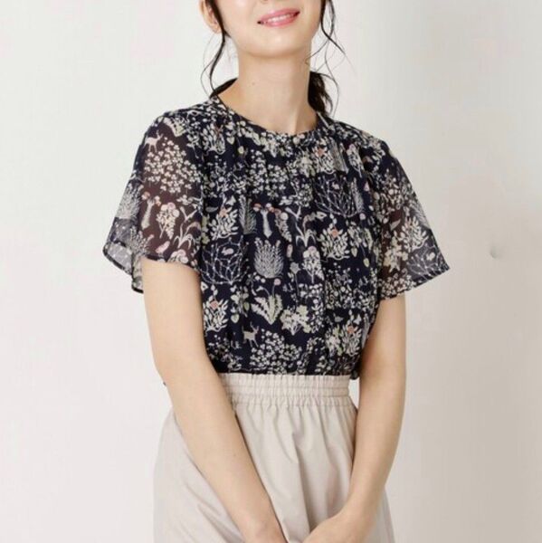【アマカ】美品 LIBERTY YOSHIE ブラウス 38 半袖 ネイビー