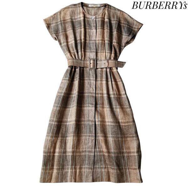 【BURBERRYs】リネンチェックワンピース S 半袖 ブラウン ヴィンテージ