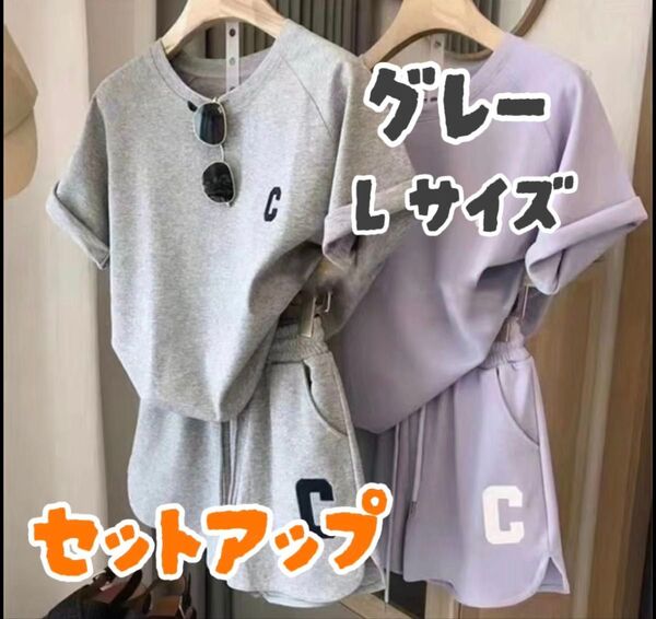 ルームウェア 部屋着 パジャマ Tシャツ セットアップ 半袖 グレー Lサイズ