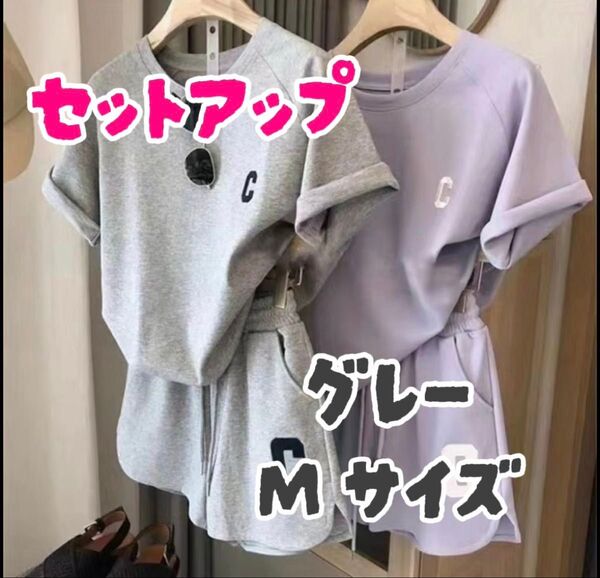部屋着 ルームウェア パジャマ セットアップ 半袖 グレー Mサイズ