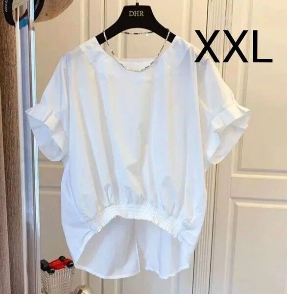 【新品/送料込】2XL レディース 半袖 リボンブラウス プルオーバー 白 ブラウス ホワイト カジュアル