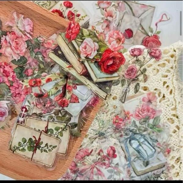 未使用 ピンクの花ステッカー50枚セット DIY コラージュ 海外 シール