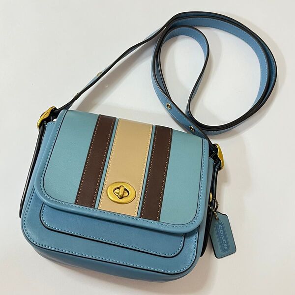 極美品 COACH コーチ ショルダーバッグ カメラバッグ カラーブロック ターンロック レザー ストライプ ブルー ベージュ