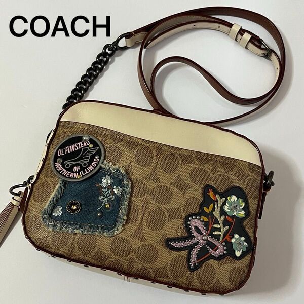 希少 美品 COACH コーチ カメラバッグ ショルダーバッグ チェーンバッグ シグネチャー レザー ワッペン 30245