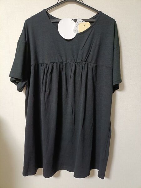 タグ付き未使用品 黒 胸ギャザーtシャツチュニックワンピース 綿100t カットソー