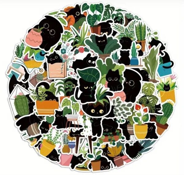 〓在庫処分〓 黒猫&植物観葉植物 防水ステッカー 50枚セット 新品未使用未開封 シール ステッカー PVC 防水 値下げ お得
