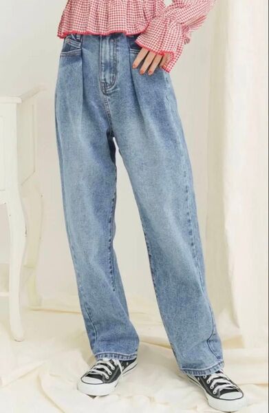【Newlyme 】デニムパンツ 韓国 ハイウエストライトインディゴブルー L size 新品未使用未開封 ジーンズ