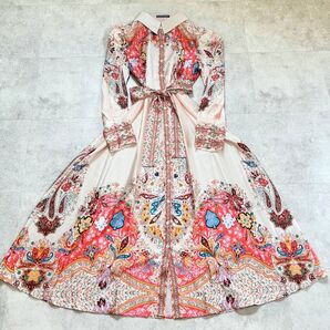 【新品】シルクタッチ ベルト付ワンピース スカーフ柄 Aライン エレガント パフスリーブ お呼ば 舞台衣装 シャツワンピース