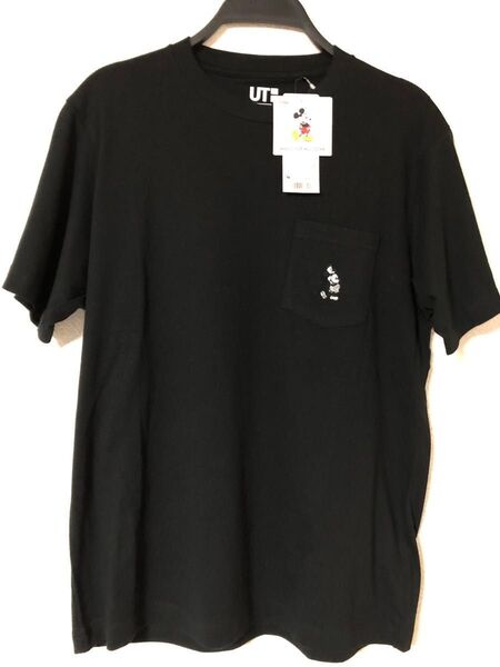 ユニクロ UT ミッキー 半袖Tシャツ メンズMサイズ 黒 蒸気船ウィリー 胸ポケット刺繍入り 新品