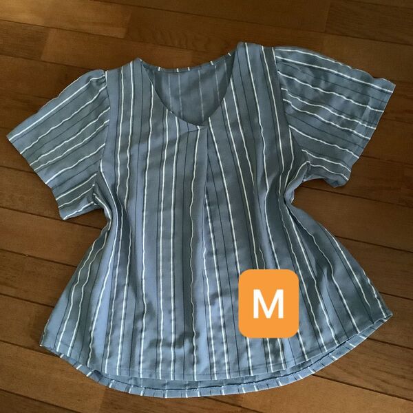M【中古】トップス ブラウス Brand Cut Name マルチストライプ Vネックプルオーバー タック 綿混 半袖