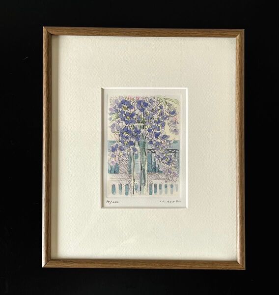 額装 曽根浩二 リトグラフ 窓辺のデルフィー 84/200 版画 絵画 花柄 デルフィニウム 水彩画