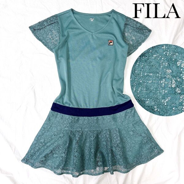 FILA フィラ テニスウェア ワンピース レース 半袖 青緑 グリーン ネイビー 紺 Mサイズ ゲーム 試合