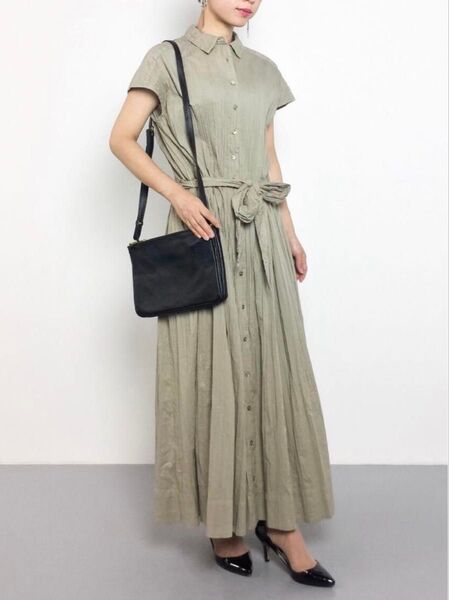 yuni ユニ しわ加工マキシシャツワンピース 羽織 ロング フレア リボン フレンチスリーブ ベージュ 綿100% フリーサイズ