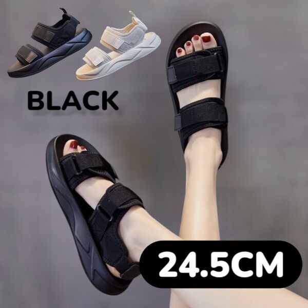 スポーツサンダル サンダル 厚底 ベルクロ クッション 夏 ブラック スポサン 24.5 シンプル 軽量 美脚