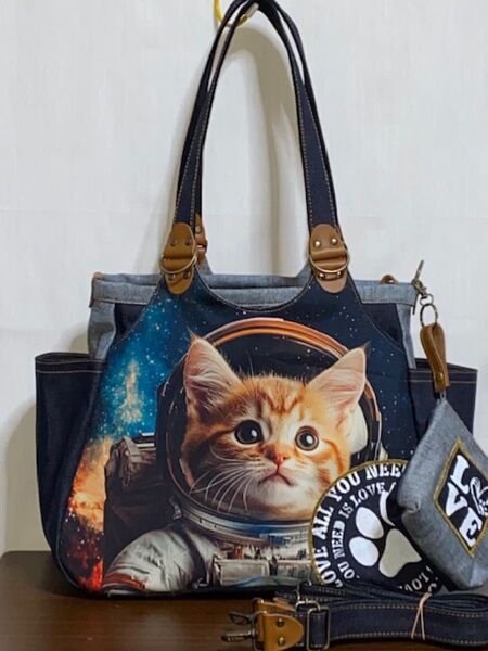 一点物☆岡山デニム☆トラ猫☆宇宙飛行士猫☆リュック対応☆4wayあおりバッグ