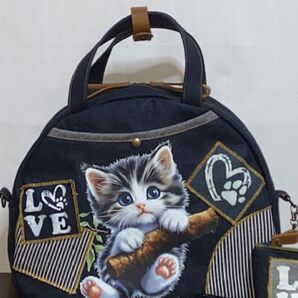 ☆岡山デニム☆ぶら下がりネコ☆子猫☆扇型☆リュック対応☆4wayボストンバッグ