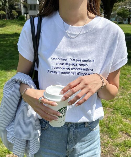 アンドミー andme エンブロイダリーロゴフレンチスリーブTシャツ M
