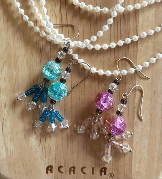 ハンドメイドピアス イヤリング ブルー系 ピンク系 セット 浴衣 夏 クラッシュ ガラス玉 お祭り タッセル アジアン ボヘミアン