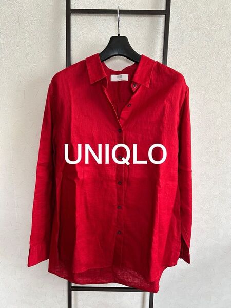 【新品未使用】ユニクロ プレミアムリネンシャツ リネン100% レッド 長袖 XL