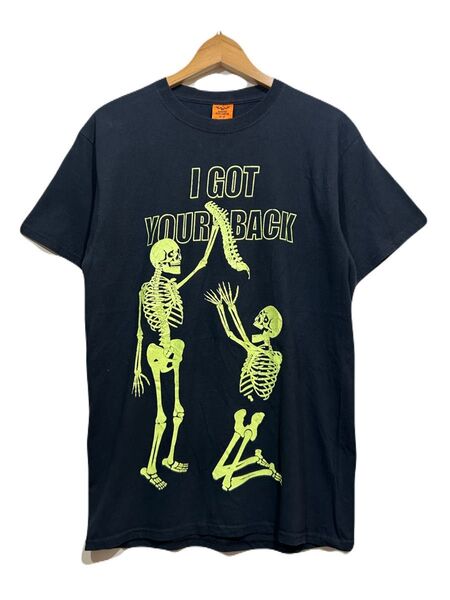 ● 00s US古着 骨 骸骨 スカル 蛍光プリント 半袖 Tシャツ ブラック M I GOT YOUR BACK 背骨