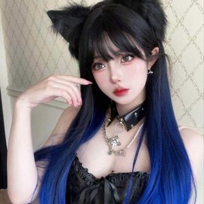 シーインロングストレートウィッグブラックブルーネイビー青髪黒髪かつらカツラ耐熱自然小顔コスプレ仮装ロリータパーティグラデーション紺