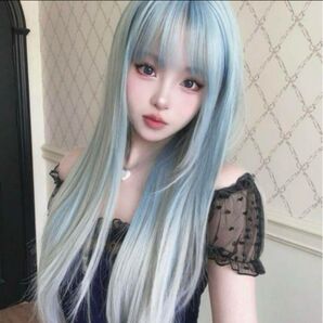 シーインロングストレートウィッグフルウィッグライトブルー水色シルバー銀髪コスプレ仮装ロリータハロウィンかつらカツラ耐熱自然パステル
