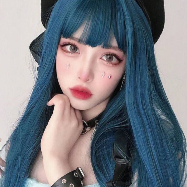 シーインロングストレートウィッグフルウィッグ青緑ブルーグリーンコスプレ仮装ロリータかつらカツラパーティ衣装自然耐熱青髪ぱっつん前髪