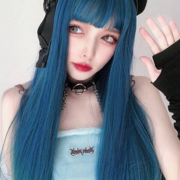 シーインロングストレートウィッグフルウィッグ青緑ブルーグリーンコスプレ仮装ロリータかつらカツラパーティ衣装自然耐熱青髪ぱっつん前髪